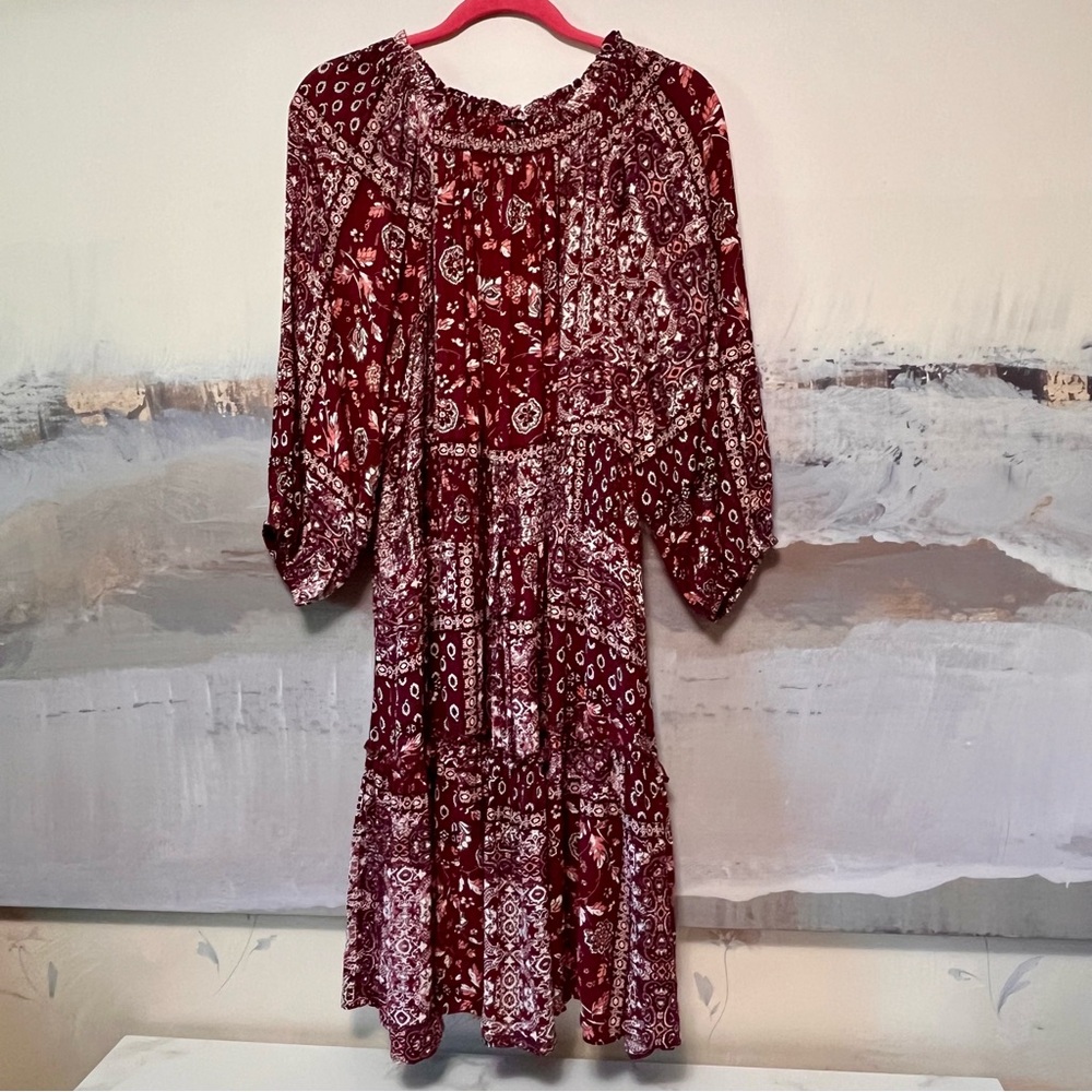 STUDIO 1886 Midi Dress 2X Patchwork Peasant Smocked Ruffle Floral Balloon Sleeve